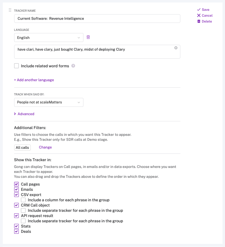 Trackers Filter in Gong  - Guide to Voice of Prospect